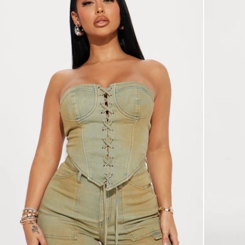 Fashion Nova Lace-Up Denim Bustier Top - Light Blue